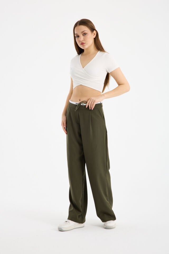 Kadın Çift Bel Bantlı Wide Leg Pantolon 2XL - HAKİ