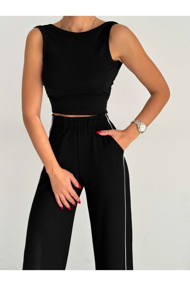 Kadın Yandan Şeritli  Modal Kumaş  Eşofman Altı 2280 XL - SİYAH