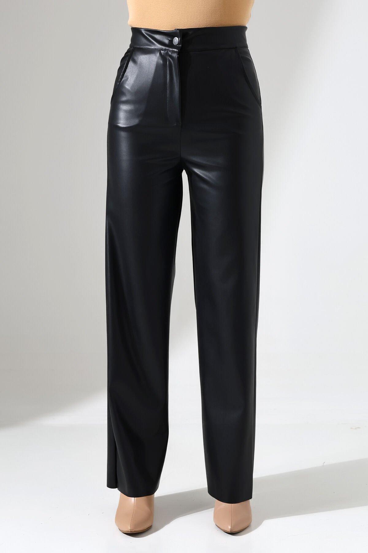 Kadın Deri Bol Paçalı Cepli Pantolon 2427 XL - SİYAH