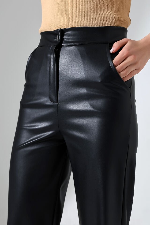 KADIN DERİ PANTOLON CEPLİ /BOL PAÇA DERİ PANTOLON XL - SİYAH