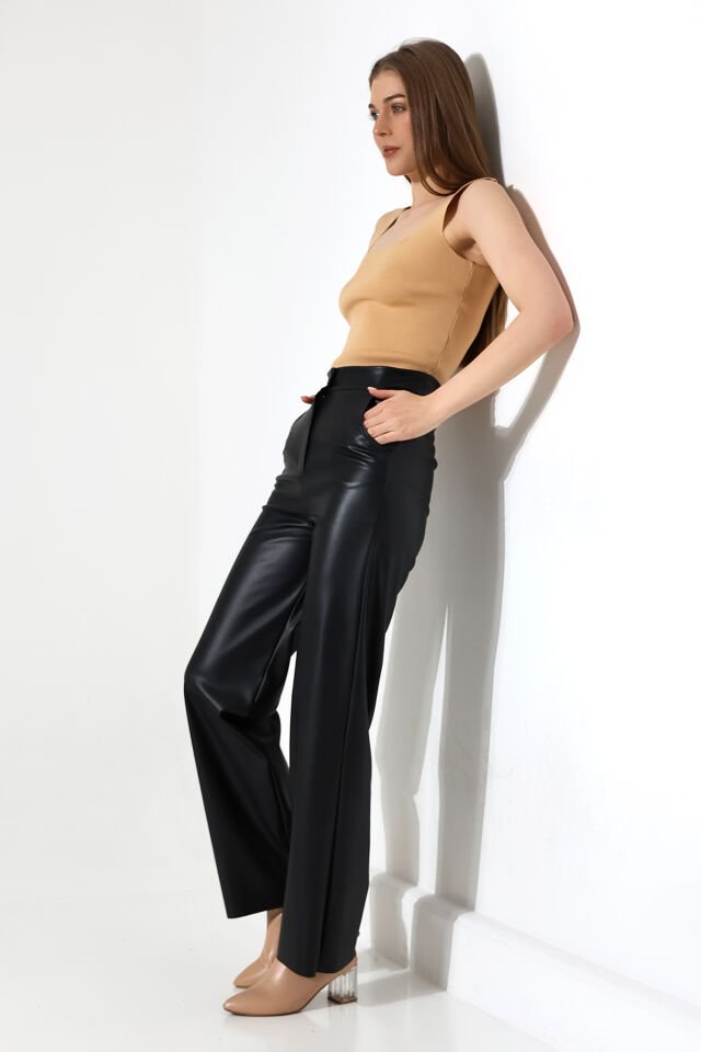 KADIN DERİ PANTOLON CEPLİ /BOL PAÇA DERİ PANTOLON XL - SİYAH