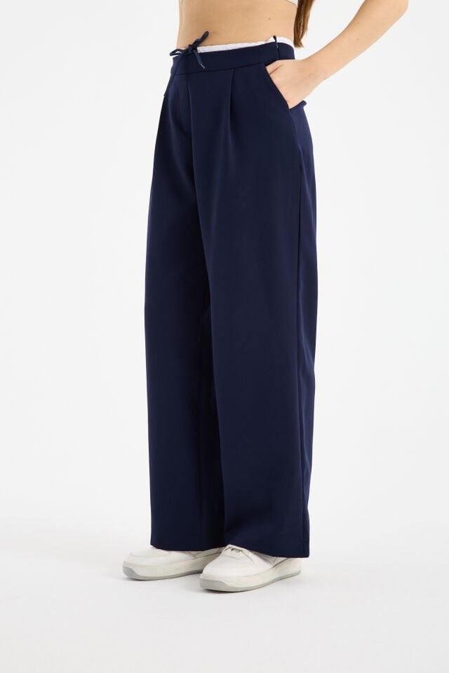 Kadın Çift Bel Bantlı Wide Leg Pantolon 2XL - LACİVERT