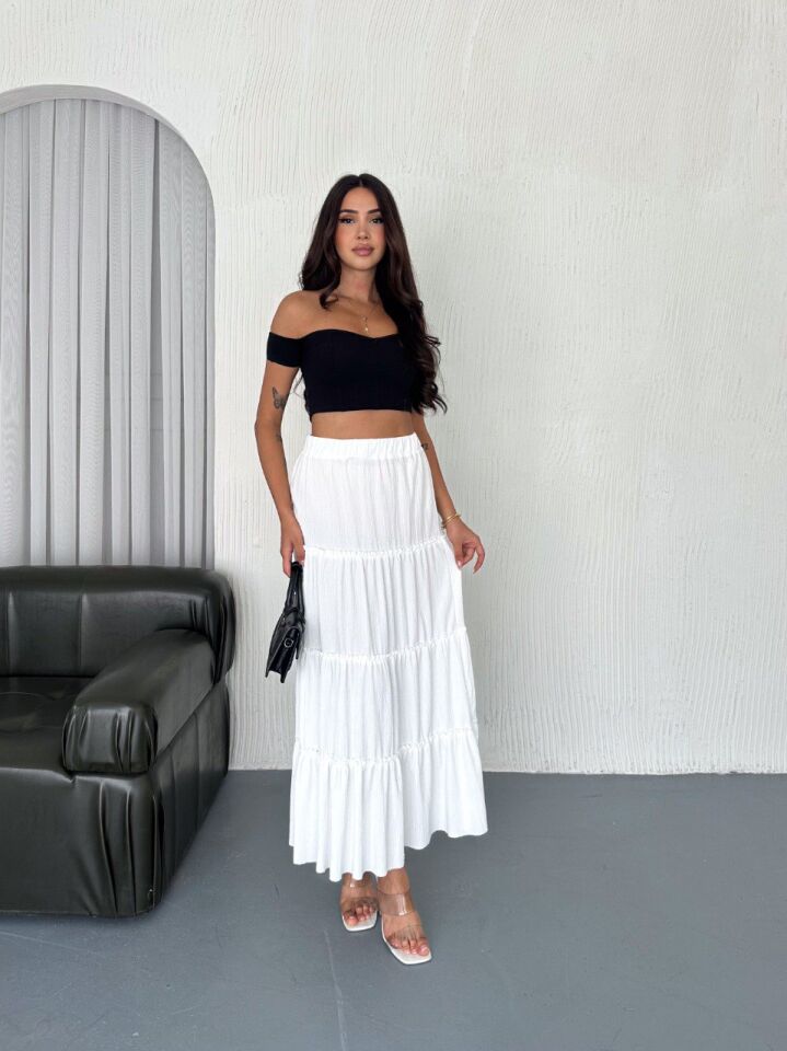 Kadın 97cm Fırfırlı Kat Model  Tam Boy Maxi Etek L - BEYAZ