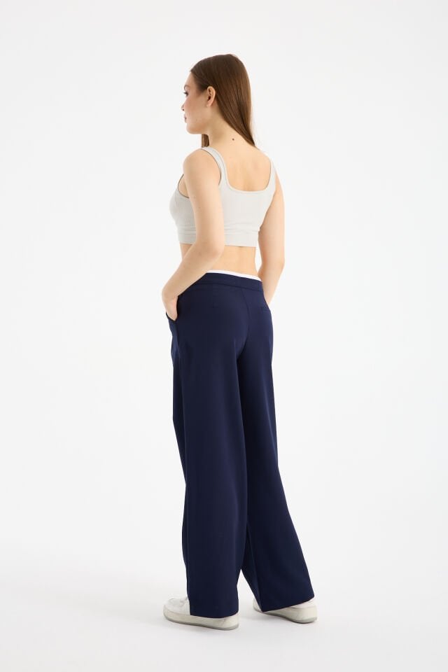 Kadın Çift Bel Bantlı Wide Leg Pantolon 2XL - LACİVERT