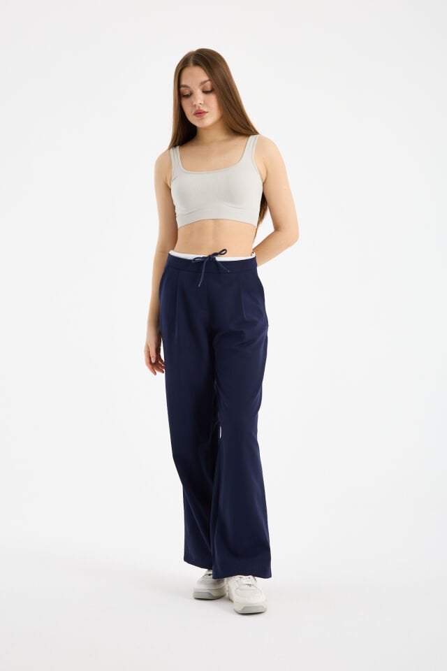Kadın Çift Bel Bantlı Wide Leg Pantolon 2XL - LACİVERT