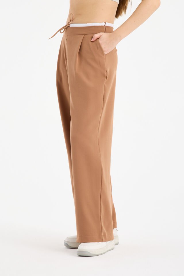 Kadın Çift Bel Bantlı Wide Leg Pantolon 1517 S - BEJ