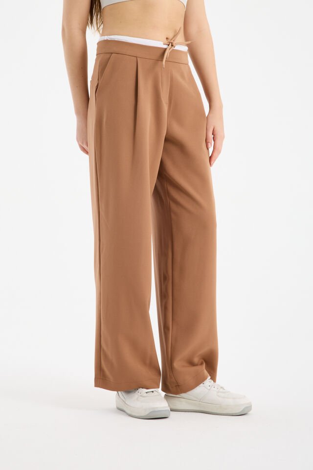 Kadın Çift Bel Bantlı Wide Leg Pantolon 1517 M - BEJ