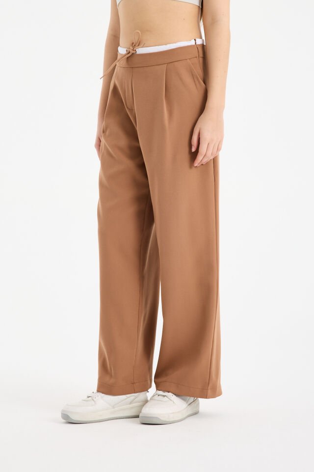 Kadın Çift Bel Bantlı Wide Leg Pantolon 1517 M - BEJ
