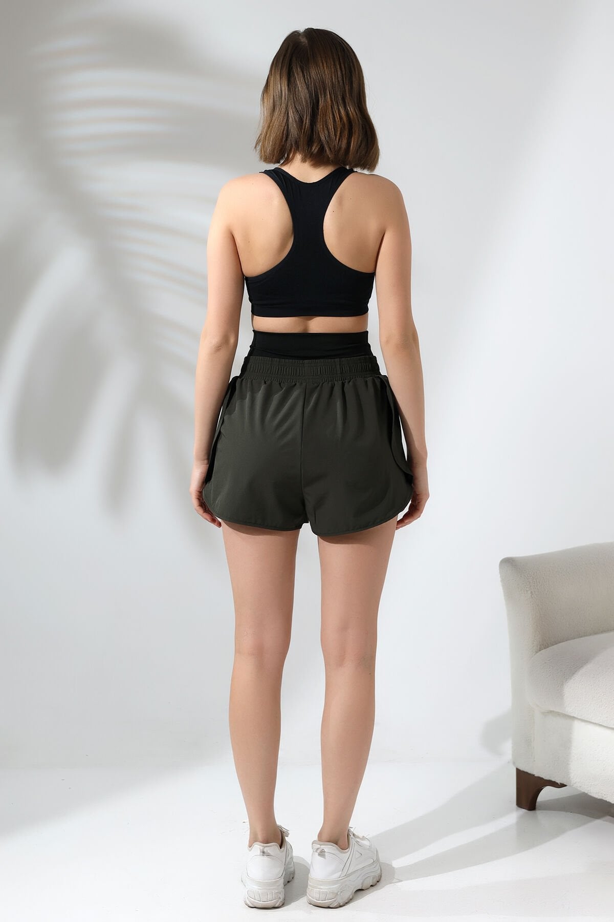 Kadın Haki Renk İç Taytlı Lazer Desenli Cepli Taytlı Şort WM XXL