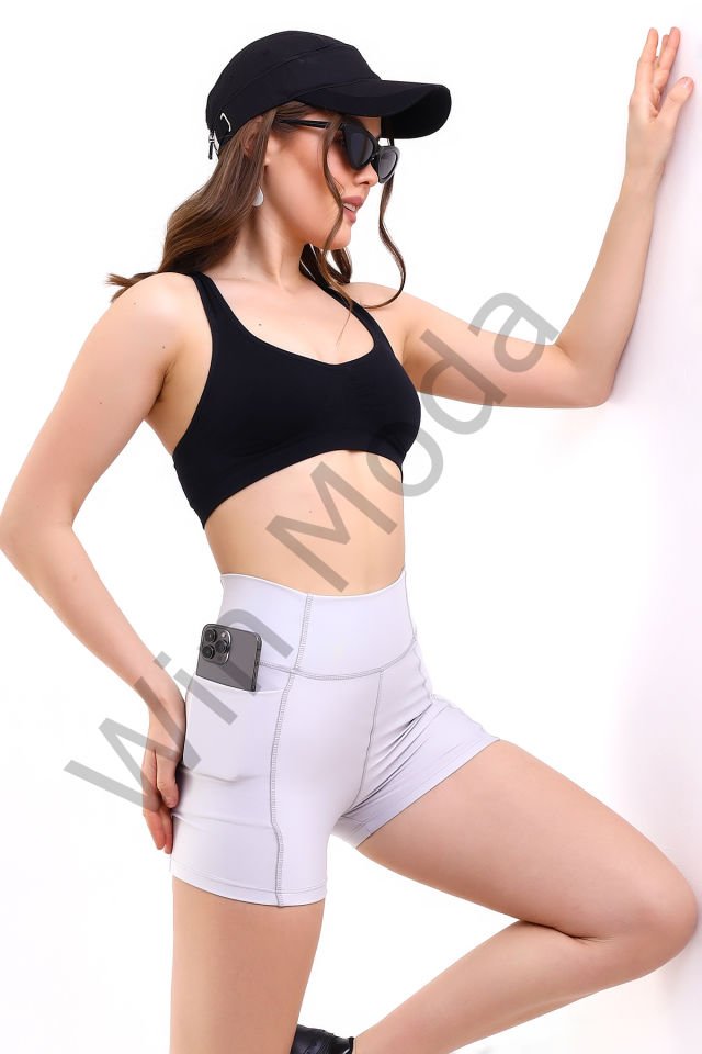 KADIN CEPLİ TAYT ŞORT  KORSE KUMAŞ SIKILAŞTIRICI ŞORT TAYT /SPORTS TIGHTS SHORTS S - Açık Gri