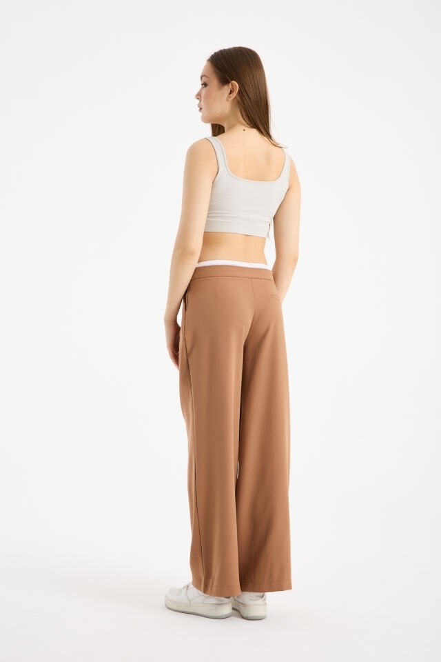 Kadın Çift Bel Bantlı Wide Leg Pantolon 2XL - BEJ