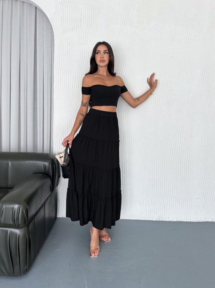 UZUN ETEK FIRFIRLI KAT MODEL / 97 CM TAM BOY MAXİ ETEK M - SİYAH