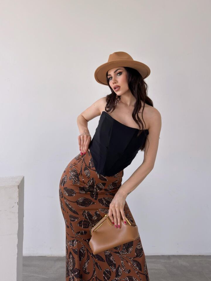 Kadın Uzun Desenli Saten Etek L - KOD-13