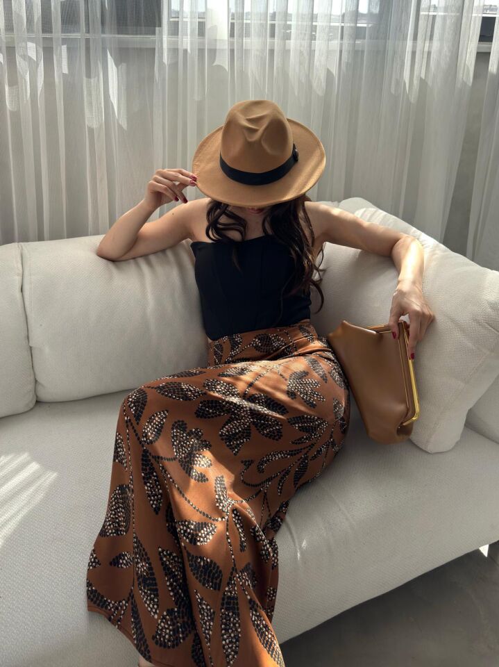 Kadın Uzun Desenli Saten Etek XL - KOD-13