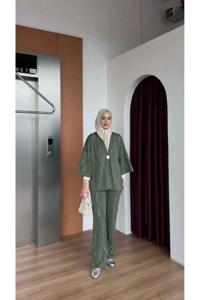 TAŞLI KİMONO TAKIM / TESETTÜR TAKIM XL - HAKİ