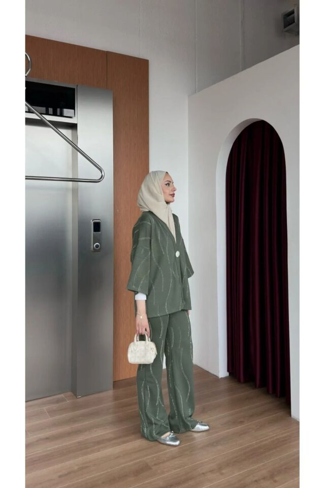 TAŞLI KİMONO TAKIM / TESETTÜR TAKIM XL - HAKİ