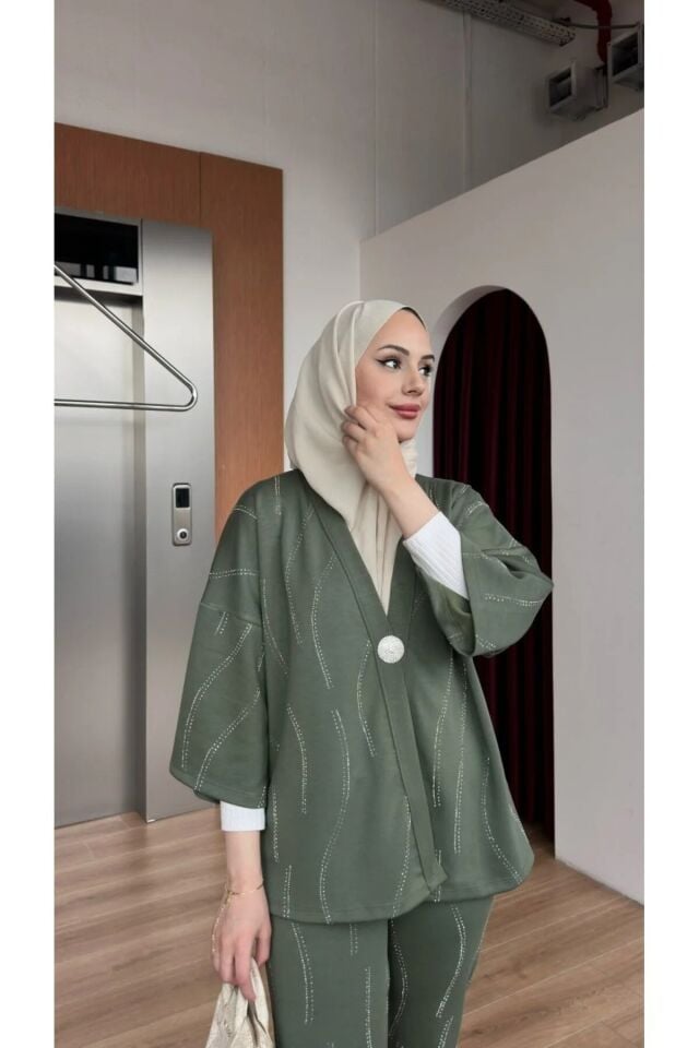 TAŞLI KİMONO TAKIM / TESETTÜR TAKIM XL - HAKİ