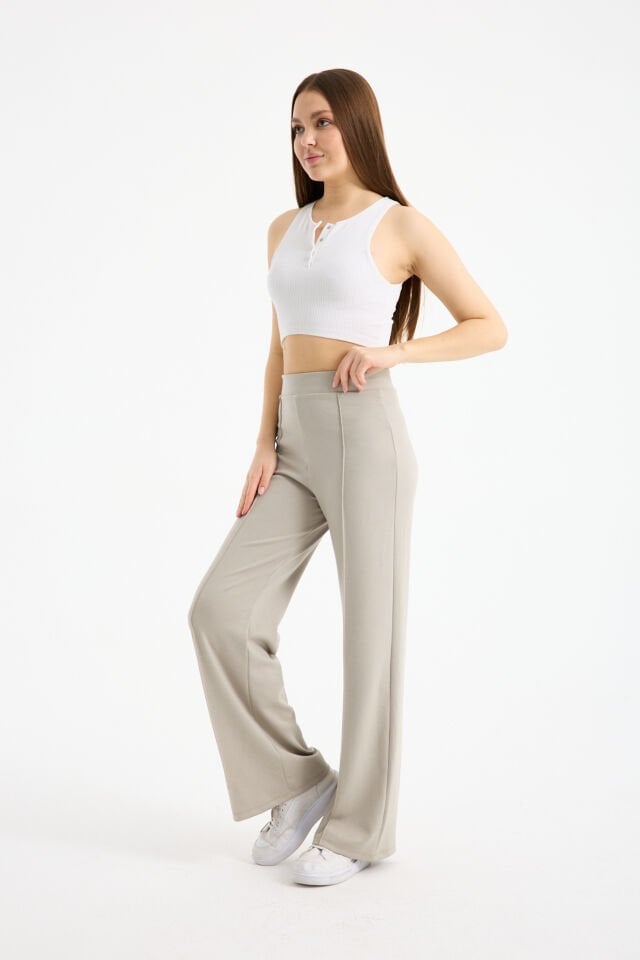 Kadın Dökümlü ve Dokulu  Alt Ön Dikişli Esnek Eşofman Altı XL - BEJ