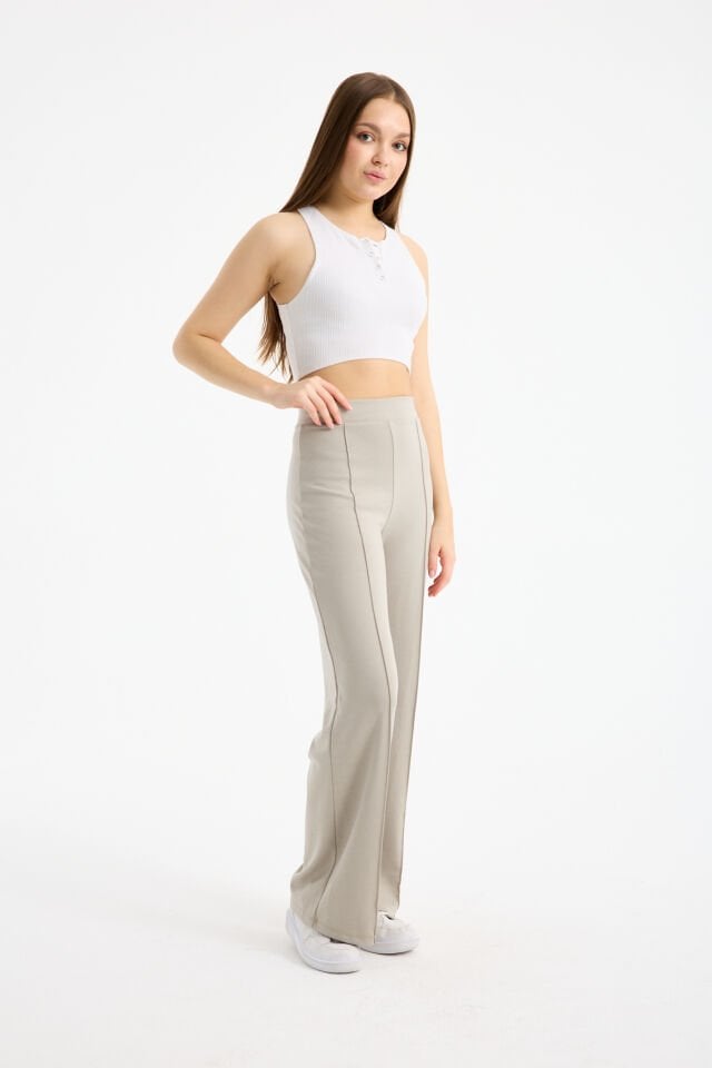 Kadın Dökümlü ve Dokulu  Alt Ön Dikişli Esnek Eşofman Altı XL - BEJ