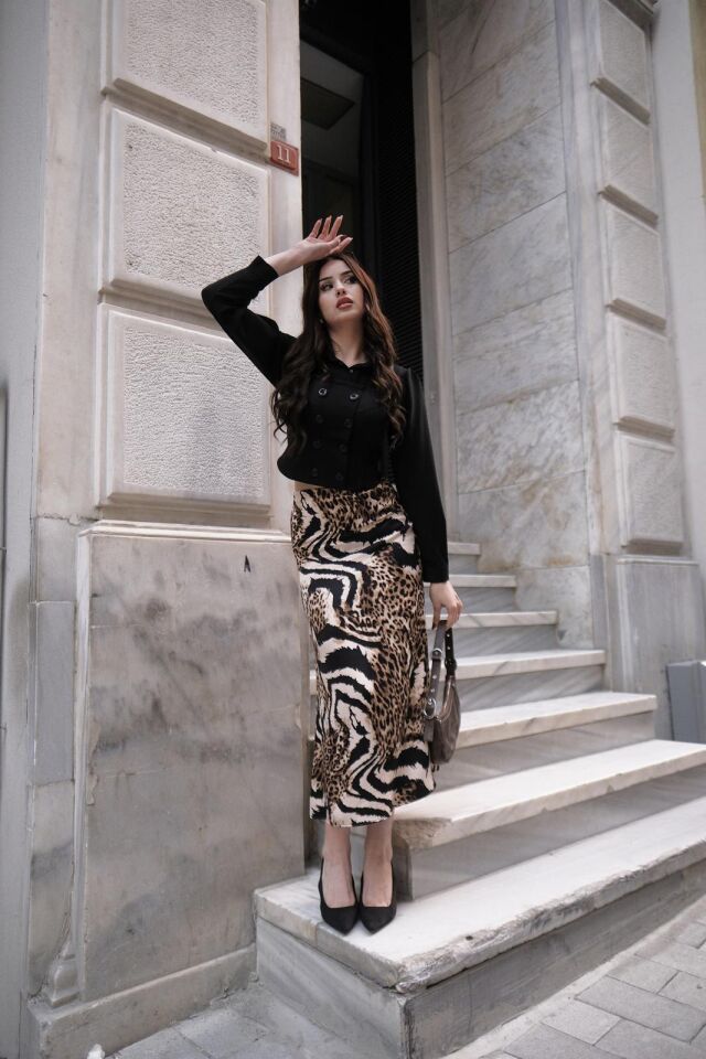 Kadın Uzun Desenli Saten Etek XL - KOD-14