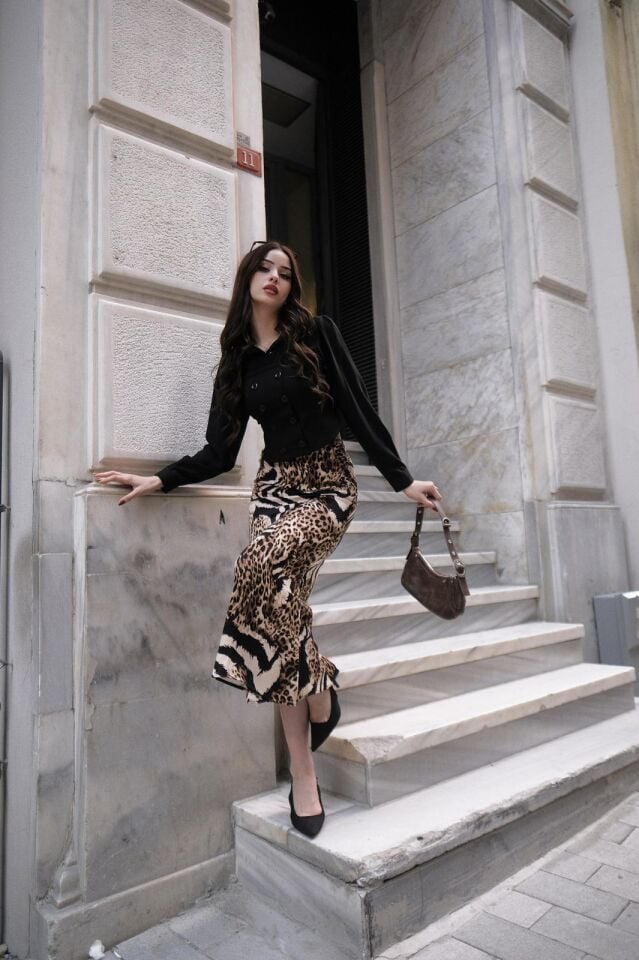 Kadın Uzun Desenli Saten Etek 3XL - KOD-14