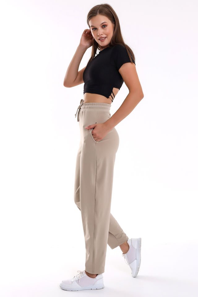 Kadın Düz Paça Spor Günlük ve Spor Eşofman Pantolon L - BEJ