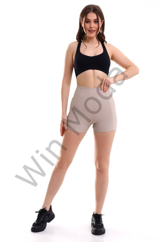 KADIN CEPLİ TAYT ŞORT  KORSE KUMAŞ SIKILAŞTIRICI ŞORT TAYT /SPORTS TIGHTS SHORTS S - BEJ