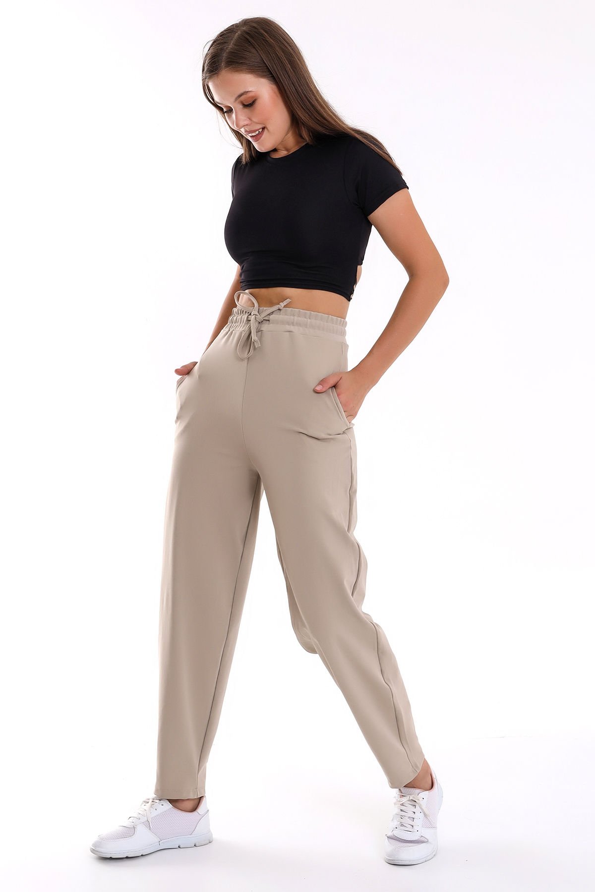 KADIN PANTOLON-EŞOFMAN DÜZ PAÇA / MODAL WOMEN'S TROUSERS-TRACKSUIT WITH WIDE CUT LYCRA XL - BEJ