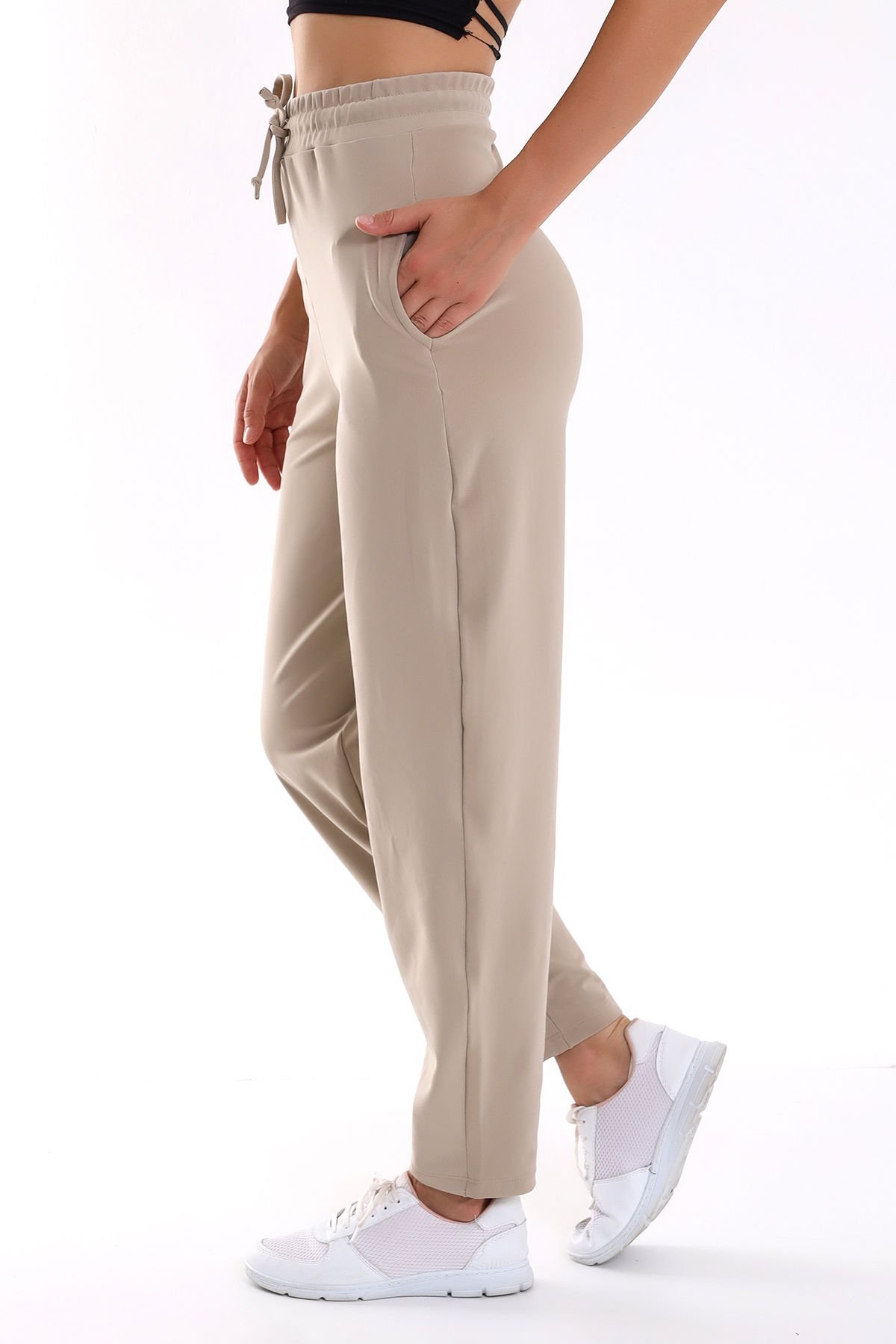 KADIN PANTOLON-EŞOFMAN DÜZ PAÇA / MODAL WOMEN'S TROUSERS-TRACKSUIT WITH WIDE CUT LYCRA XL - BEJ