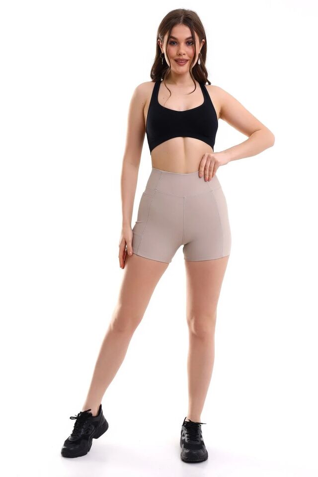 Kadın Sıkıştırıcılı Cepli Korse Kumaş Taytlı Şort L - BEJ