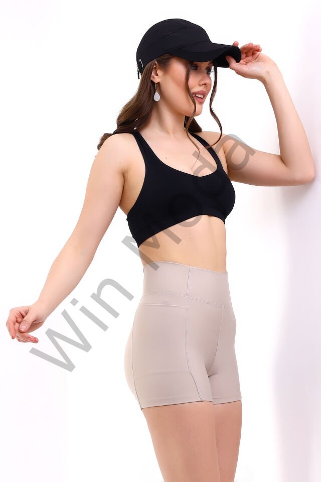 KADIN CEPLİ TAYT ŞORT  KORSE KUMAŞ SIKILAŞTIRICI ŞORT TAYT /SPORTS TIGHTS SHORTS XL - BEJ