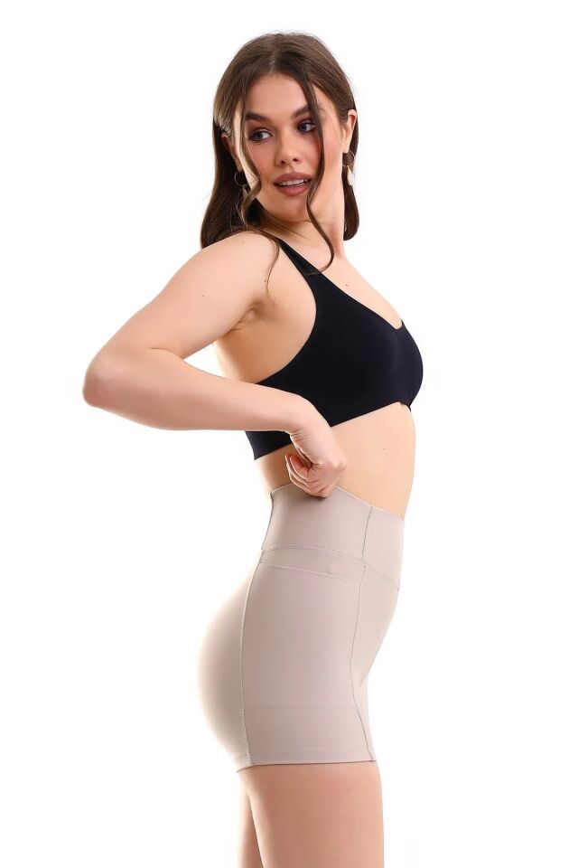 Kadın Sıkıştırıcılı Cepli Korse Kumaş Taytlı Şort XL - BEJ