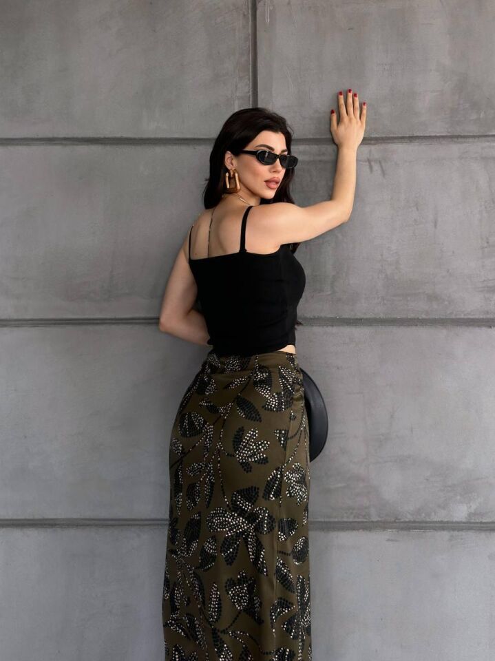 Kadın Uzun Desenli Saten Etek XL - KOD-15