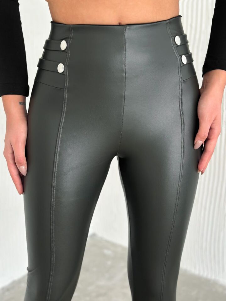 Bel Detaylı Deri Tayt XL - HAKİ