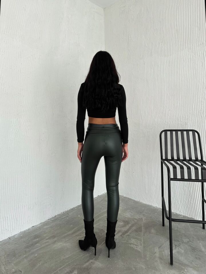 Bel Detaylı Deri Tayt XL - HAKİ