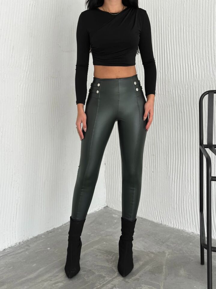 Bel Detaylı Deri Tayt XL - HAKİ