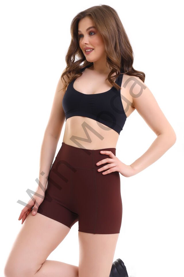 KADIN CEPLİ TAYT ŞORT  KORSE KUMAŞ SIKILAŞTIRICI ŞORT TAYT /SPORTS TIGHTS SHORTS XL - KAHVE