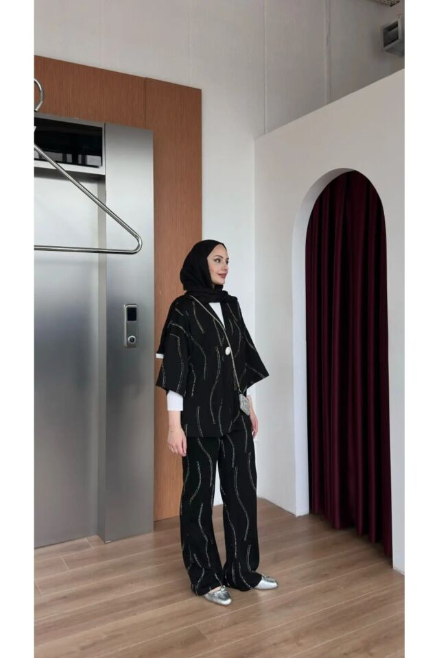 TAŞLI KİMONO TAKIM / TESETTÜR TAKIM XL - SİYAH