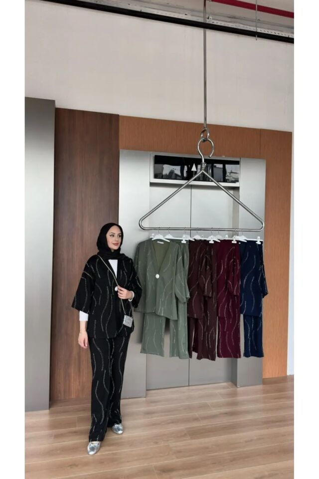 TAŞLI KİMONO TAKIM / TESETTÜR TAKIM XL - SİYAH