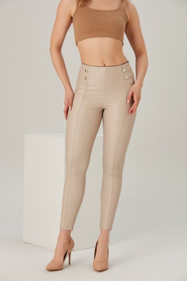 Bel Detaylı Deri Tayt XL - EKRU