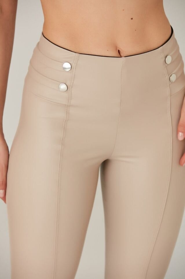 Bel Detaylı Deri Tayt XL - EKRU