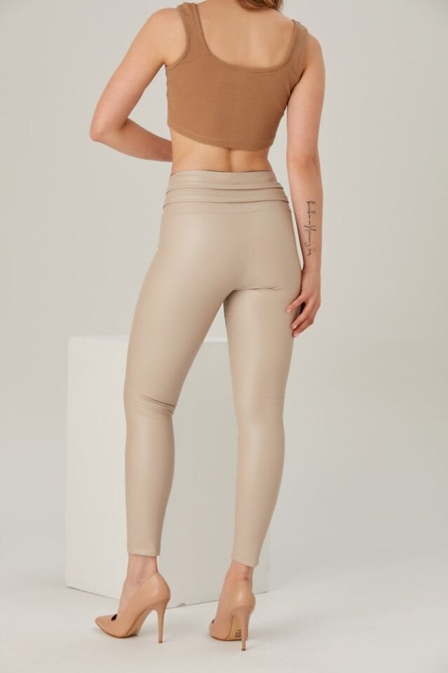 Bel Detaylı Deri Tayt XL - EKRU