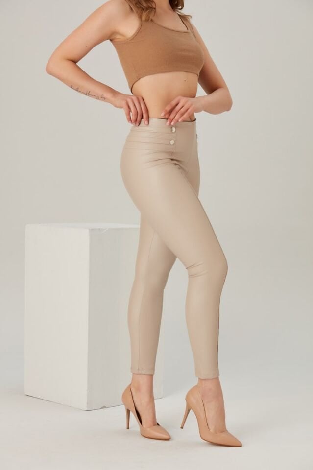 Bel Detaylı Deri Tayt XL - EKRU