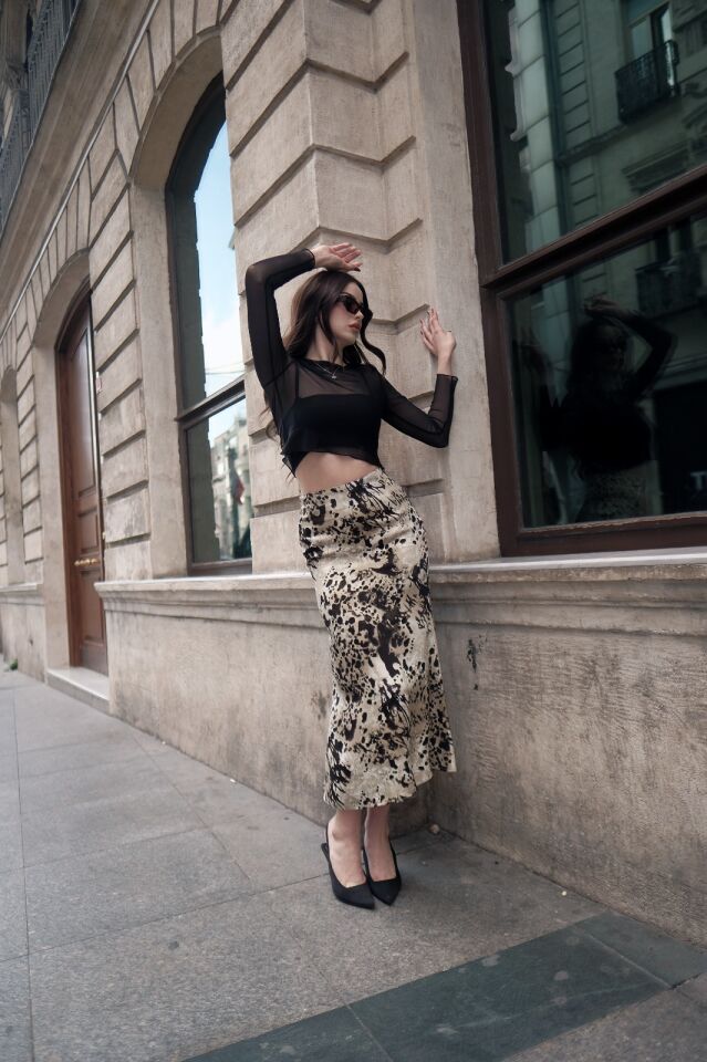 Kadın Uzun Desenli Saten Etek XL - KOD-16