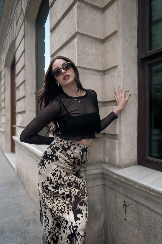 Kadın Uzun Desenli Saten Etek XL - KOD-16