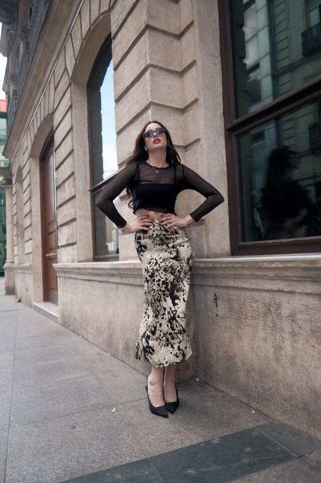 Kadın Uzun Desenli Saten Etek XL - KOD-16