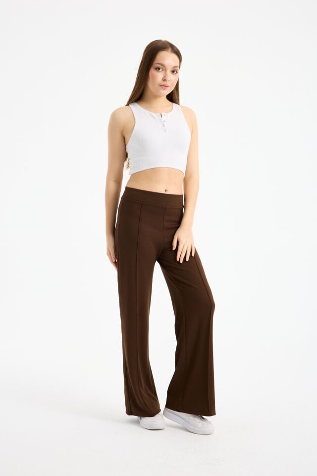 Kadın Dökümlü ve Dokulu  Alt Ön Dikişli Esnek Eşofman Altı 2298 M - KAHVERENGİ