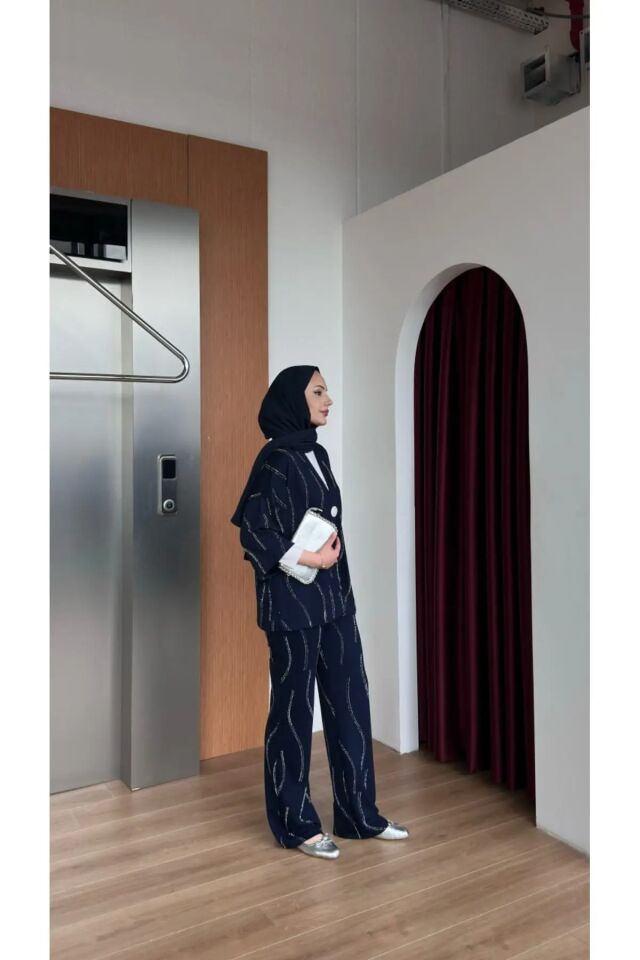 TAŞLI KİMONO TAKIM / TESETTÜR TAKIM XL - LACİVERT