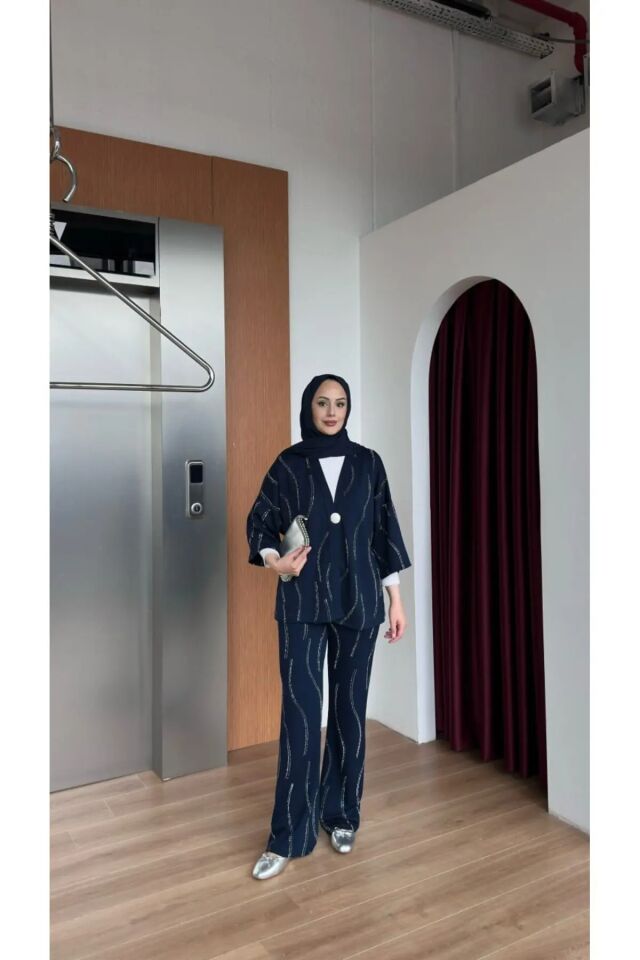 TAŞLI KİMONO TAKIM / TESETTÜR TAKIM XL - LACİVERT