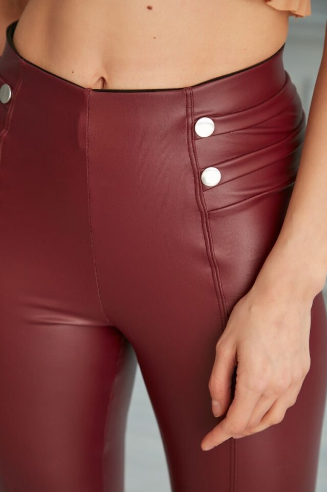 Bel Detaylı Deri Tayt XL - BORDO